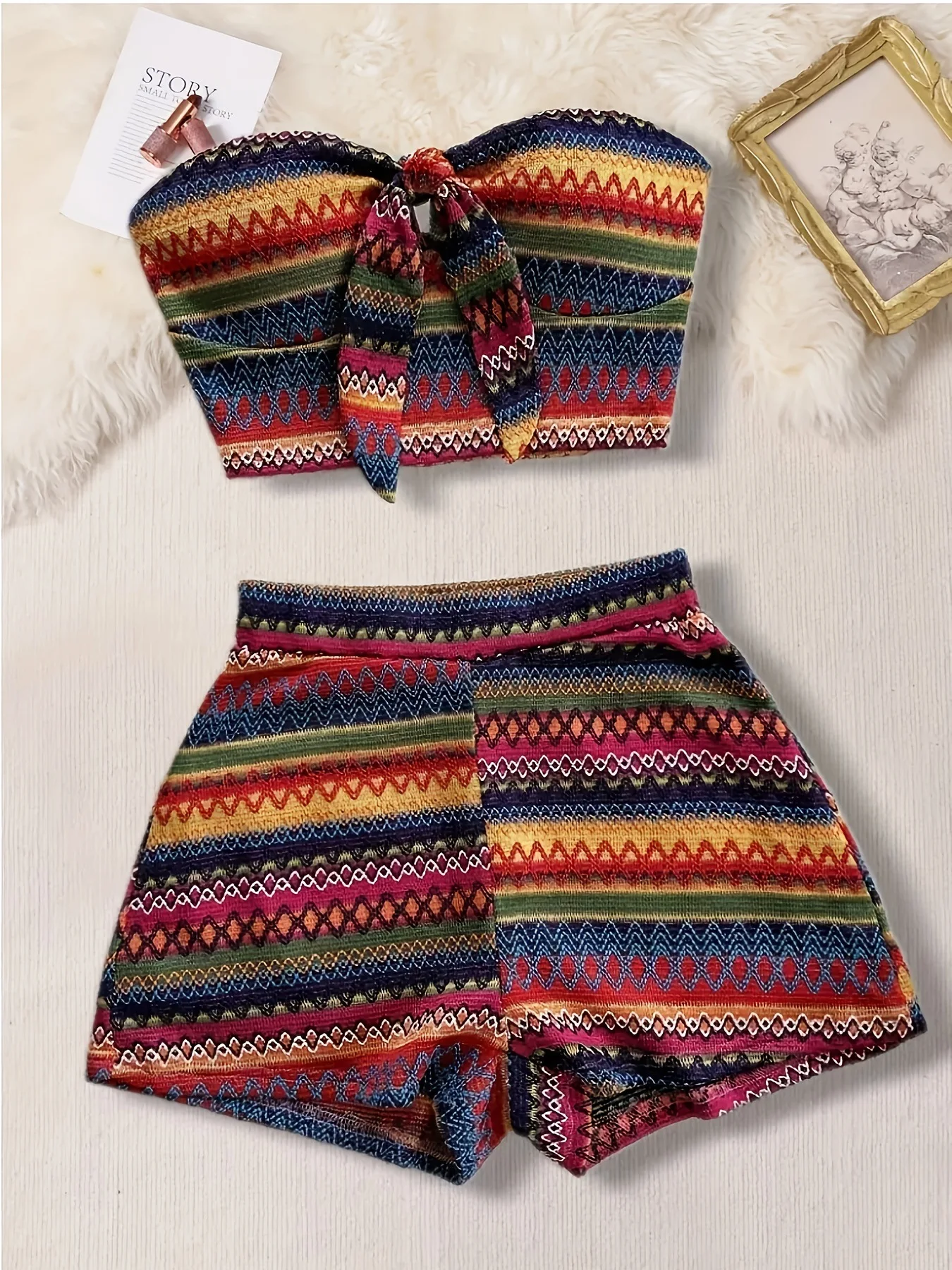 2-Piece Women's Vacation Corset and High-Waisted Textured Shorts Set