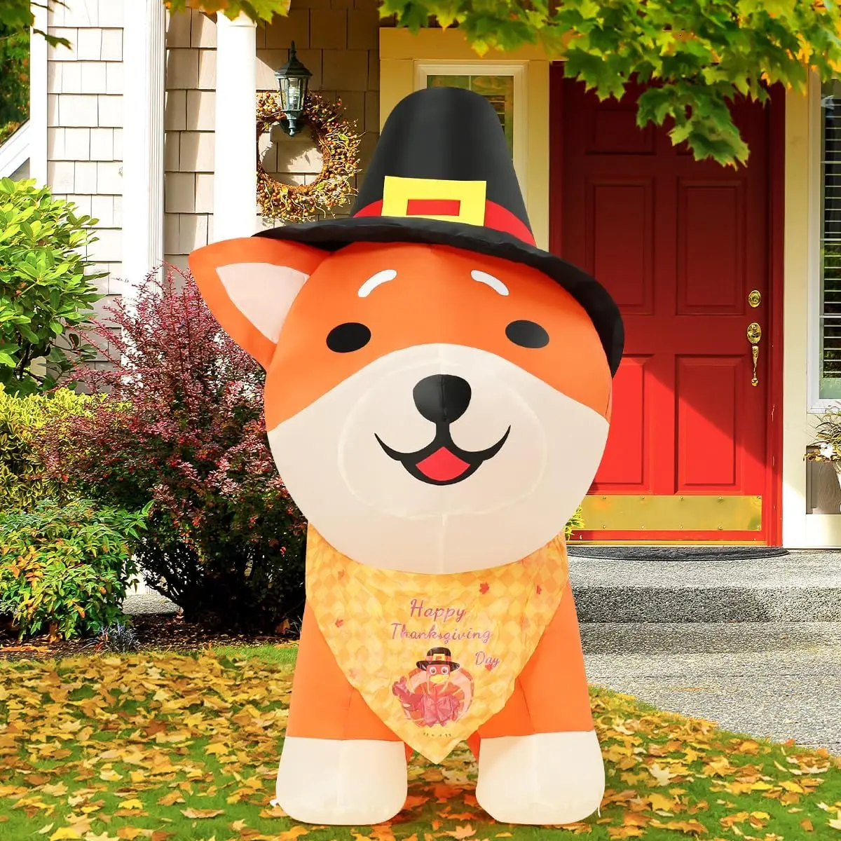Thanksgiving Shiba Inu Dog with Hat Inflatable Yard Decorations 4FT Built-in LEDs Dog Themed Outdoor Holiday Decor