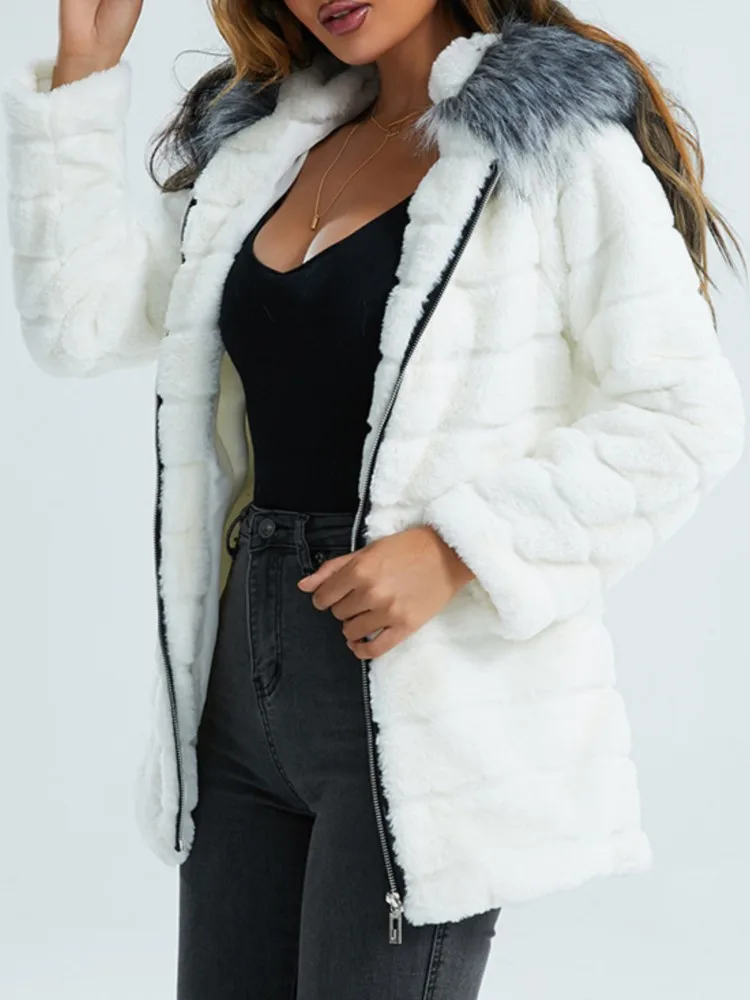 Elegant Long Faux Fur Coat Women 2023 Autumn Winter Thick Warm Soft Fleece Jacket Female Pocket Zipper Coat Hooded Outerwear