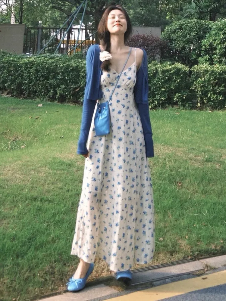 Summer Floral Print Long Dress Set Women's Vacation Style Beachside Tea Break Two-Piece Suit V-Neck Sleeveless Cardigan Cover-Up
