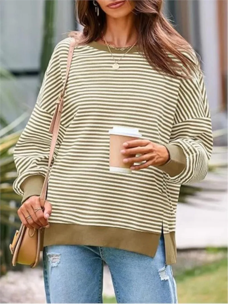 Moletom Feminino com Decote Redondo e Barra Lateral, Manga Longa, Casual, Estilo Colorido com Listras, Moda Outono Inverno