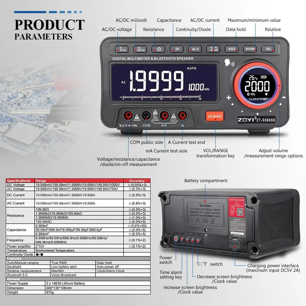 ZT-5566SE Voice Desktop Digital Multimeter, 19999 Count, Auto Range, Dual LCD Display, AC/DC Meter, True RMS, with e-Bull APP