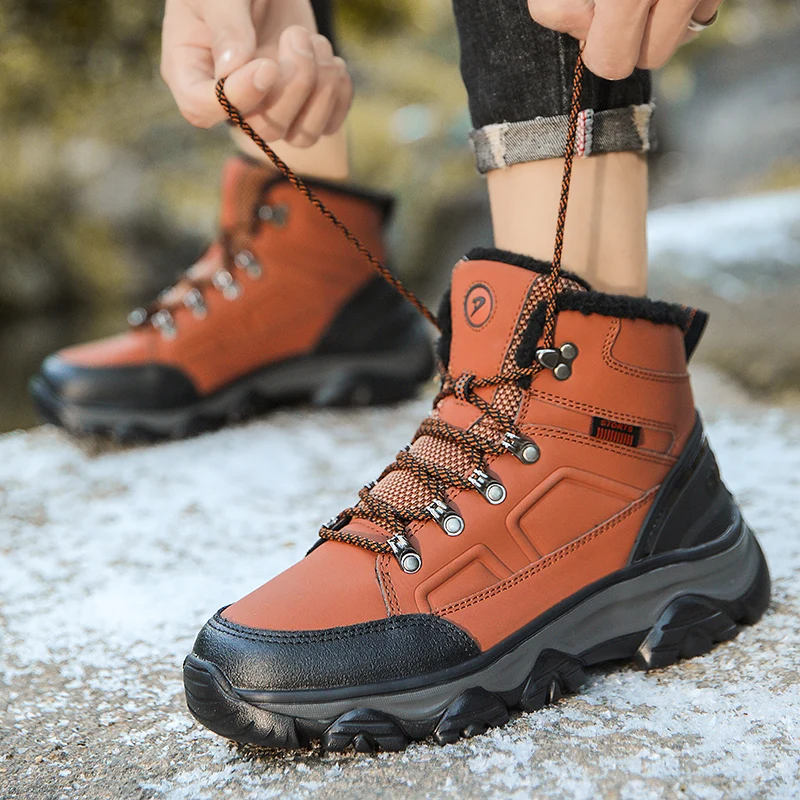 High-Quality Outdoor Men's Trekking Boots Waterproof Non-Slip Men Snow Boots High Top Trainers Warm Plush Men's Hiking Shoes