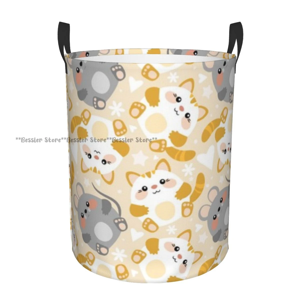 Laundry Basket Cute Cats And Mice Round Storage Bin Collapsible Hamper Clothes Bucket Organizer