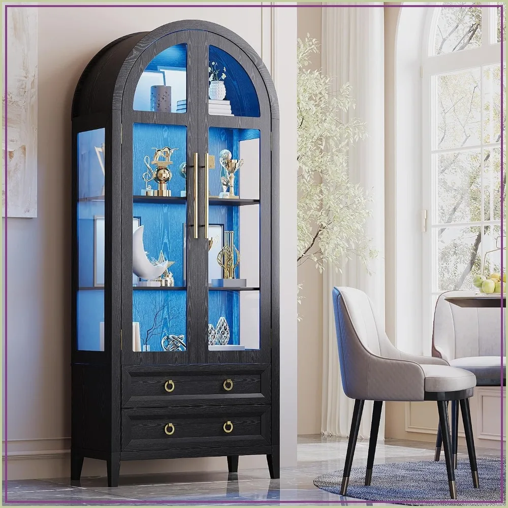 71 Inch Arched Curio Cabinet 4-Tier Display Cabinet with 2 Drawers for Home Decor