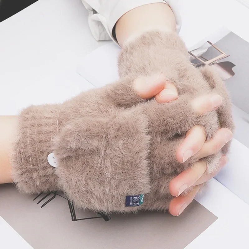 Plush Fingerless Flip ถุงมือฤดูหนาวที่อบอุ่นนักเรียนหญิงสาวน่ารักสไตล์ Faux Fur หนาถุงมือ Warm Mitten ถุงมือทํางาน Half Finger