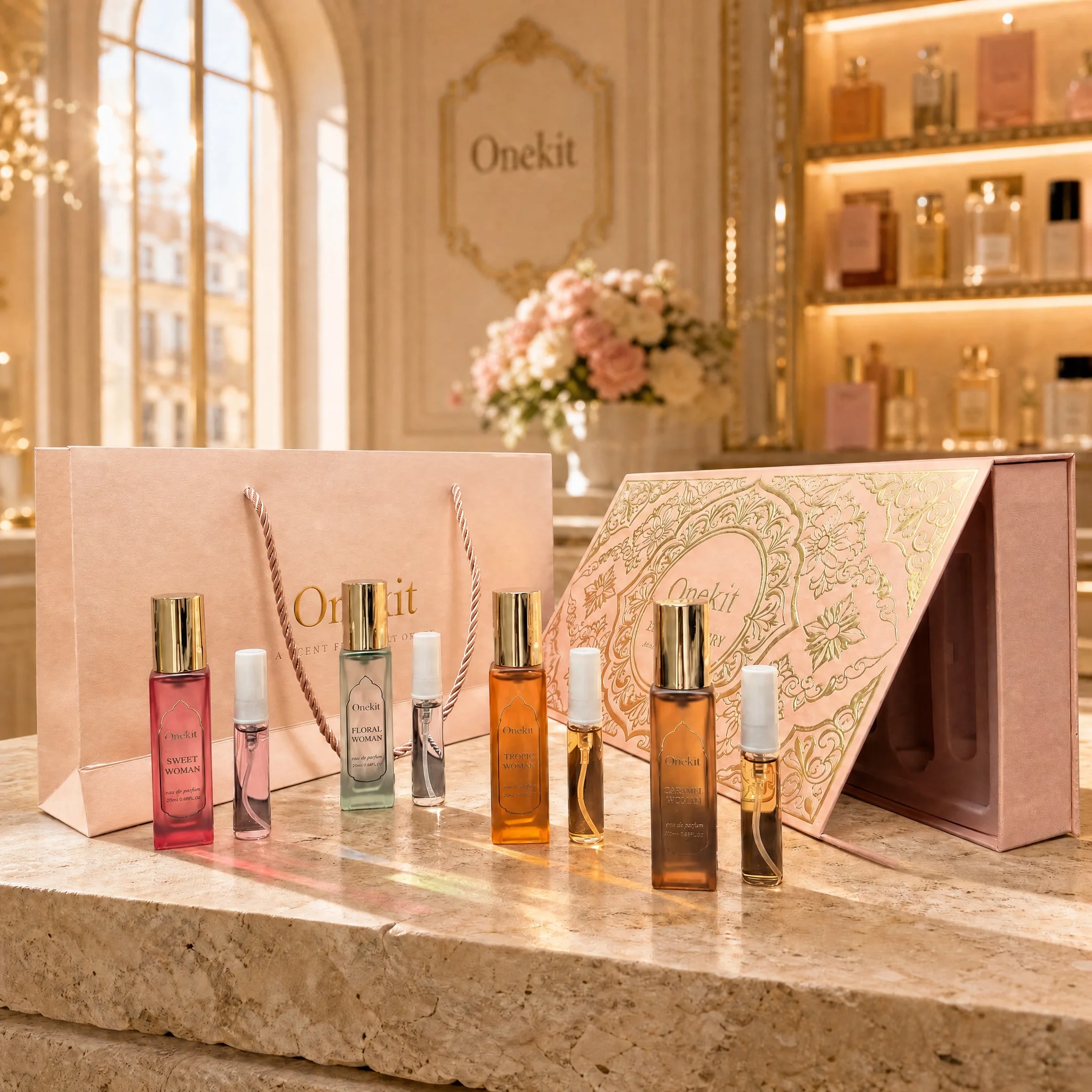 Onekit 8-Piece Women's Perfume Gift Set, Long Lasting 4x20ml EDP & 4x5ml Travel Sprays with Box & Bag, Vanilla Peach Coconut Scent for Daily Wear, Dates, Parties & Vacation, Birthday & Holiday Gift for Her, Mom, Wife