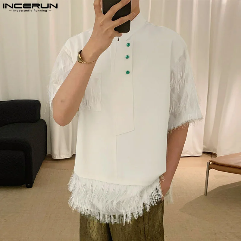 2024 Men's Shirt Tassel Patchwork Stand Collar Short Sleeve Summer Casual Men Clothing Streetwear Loose Fashion Shirts INCERUN