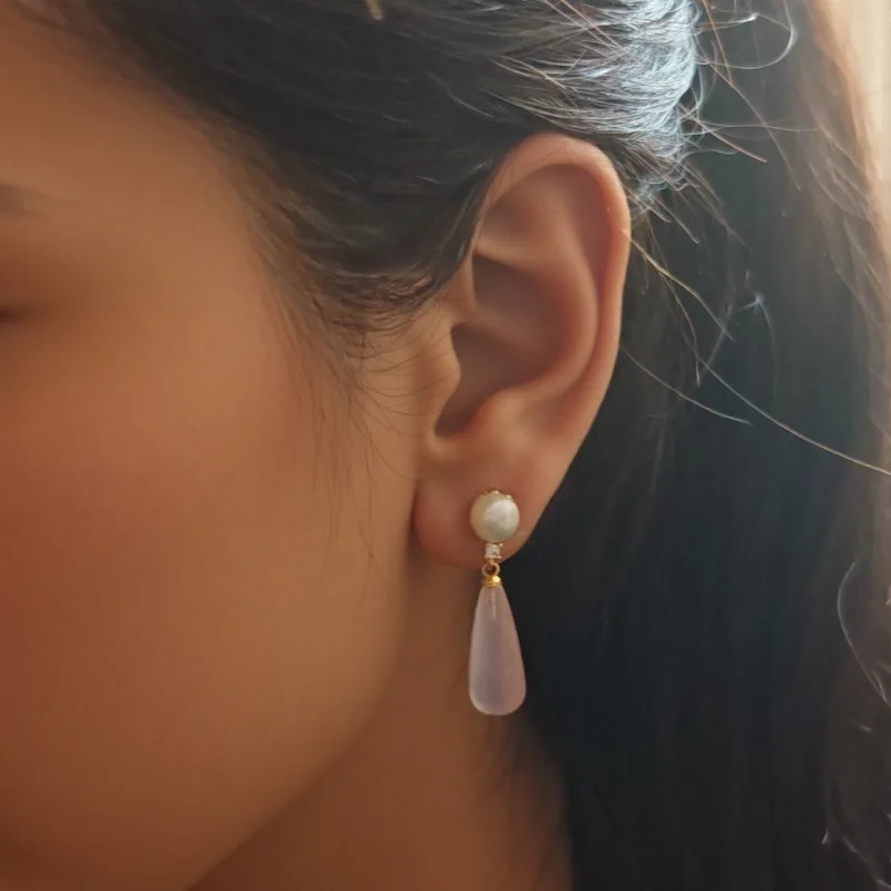 New Natural Pearl Stud Earrings Pink Agate Rose Quartz Stone Literary Style Elegant Simple Water Drop Tassel Earrings for Women