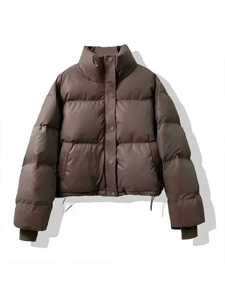 Women's ort PU Leather Cotton Jaet Bread Sle Coat Korean Version Loose Fit Winter Warm Thiened Zipper Closure Pure Color