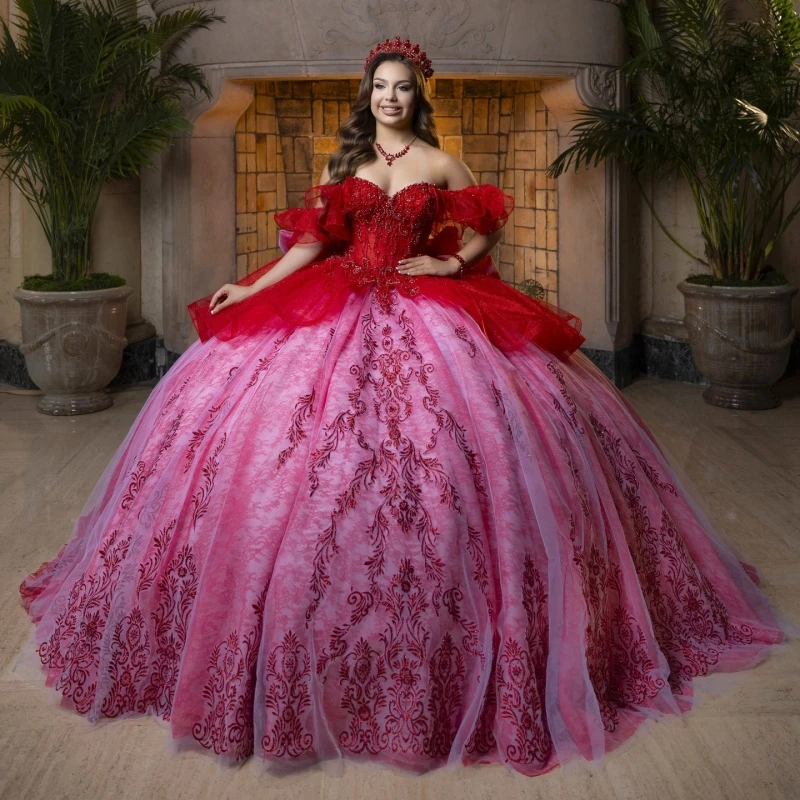 

Красные платья Quinceanera с открытыми плечами и аппликацией из кружева с бисером и кристаллами с бантом из тюля для вечеринки, дня рождения, милое платье 16, Vestidos 15 Anos