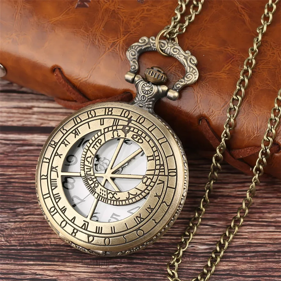 Vintage Hollow Out Geometry Case Men Women Quartz Analog Pocket Watch Half Hunter Pendant Necklace Fob Chain Compass Clock