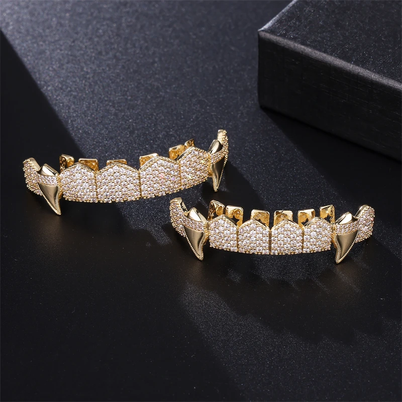 Hip Hop Full CZ Stones Teeth Grillz Caps Cubic Zircon Iced Out Micro Pave Top&Bottom Charm Grills For Men Women Jewelry