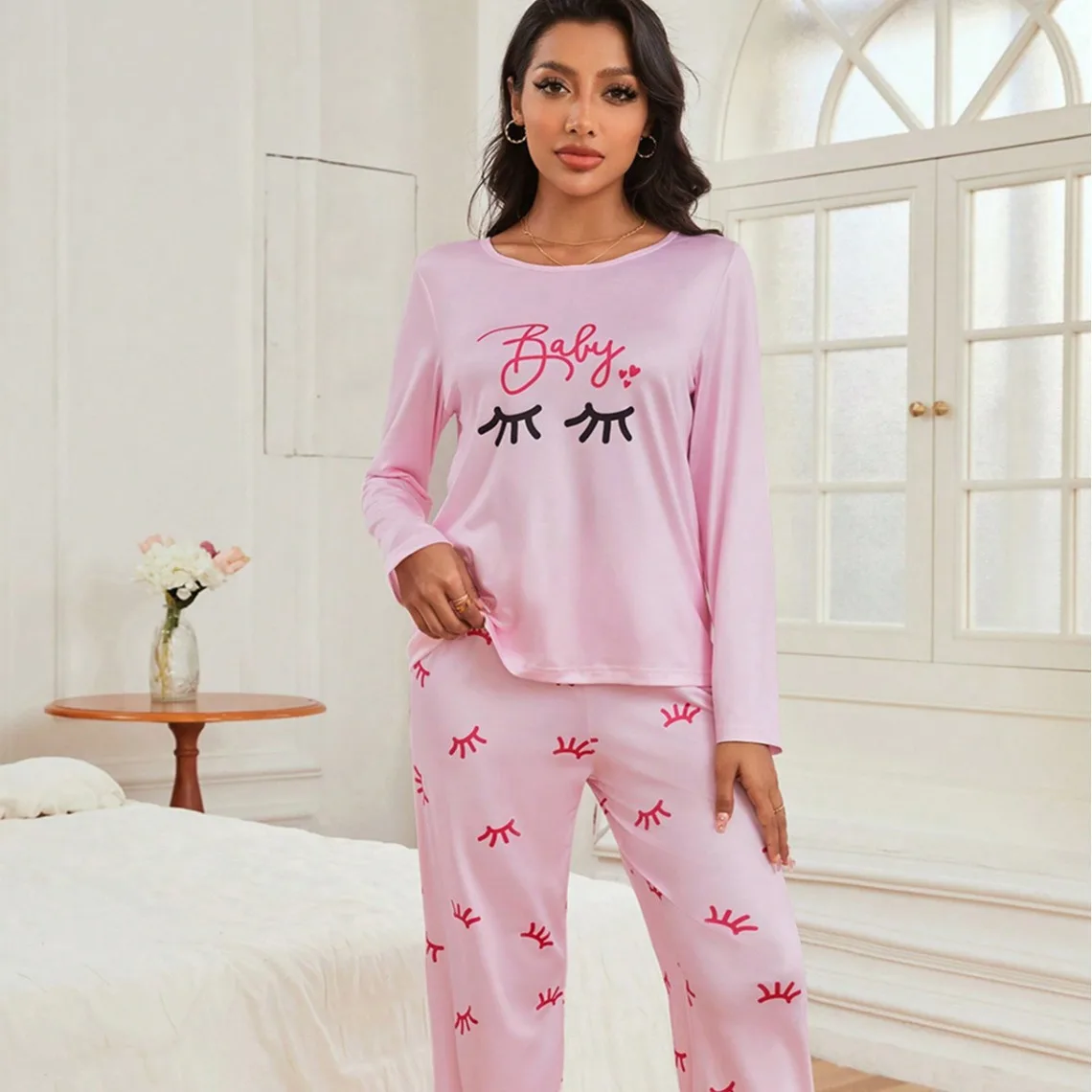 Autumn Women Pajamas Set Faux Cotton Long Sleeve Sleepwear Eyelash Butterfly Print T-Shirt with Trouser Loungewear Female Pyjama