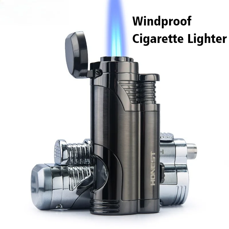 

2025 Cigar Igniter Double Blue Fire Butane Inflation Lighter Metal Windproof Open Flame Cigarette Lighters & Smoking Accessories