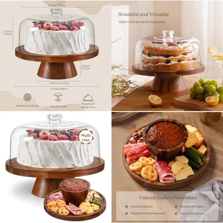 

Cake Stand with Lid,Multifunctional Cake Stand with Acrylic Dome, Acacia Wood 6-in-1 Cake Plate Display Stand with Cover for Ba