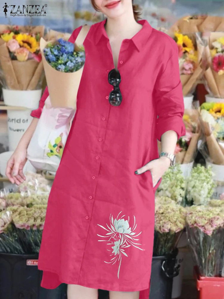 スタイリッシュなラペルネック長袖シャツワンピース 2025 ZANZEA 秋プリントワンピース レディース オフィス サンドレス カジュアル ハイロー ワークドレス