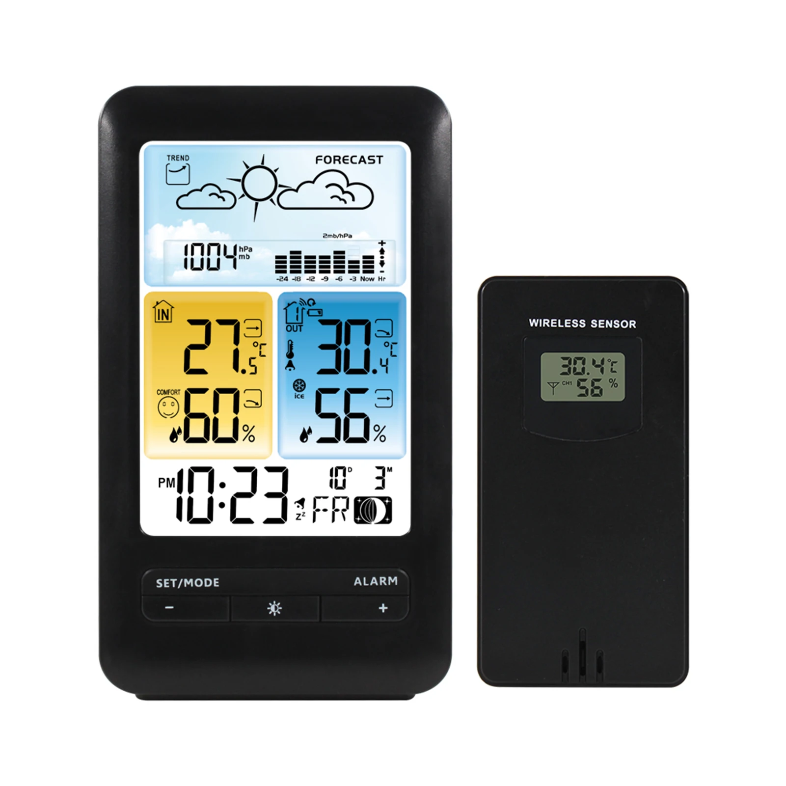 LCD Weather Station Alarm Clock with Snooze Digital Temperature Humidity Monitor Backlight/ Date/ Week/ Moon Phase/ Comfort