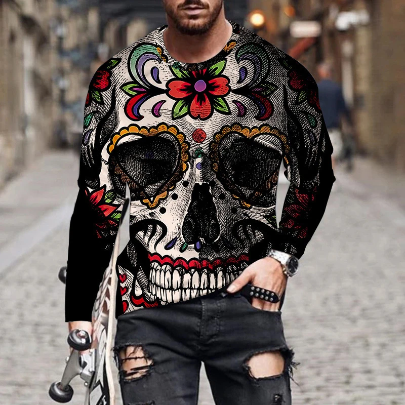 

Vintage Men's Graphic Skull T-shirt 3D Print Skull Long Sleeve T Shirt For Men Horror Clothing Oversized Tee Top Punk Streetwear
