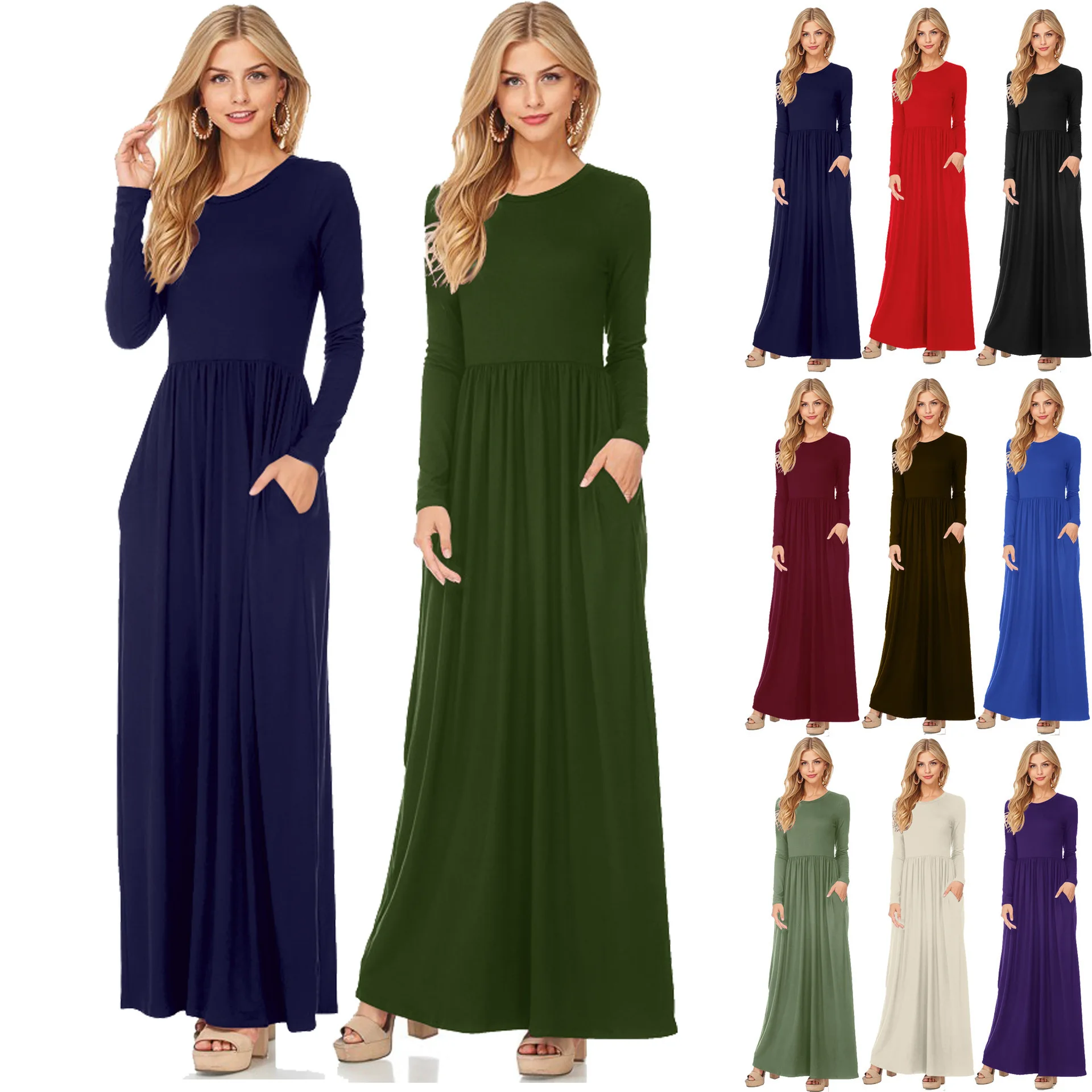 

Autumn Fashion Solid Dubai Turkey Maxi Sundress Women O Neck Long Sleeve Muslim Abaya Dress Islamic Clothing