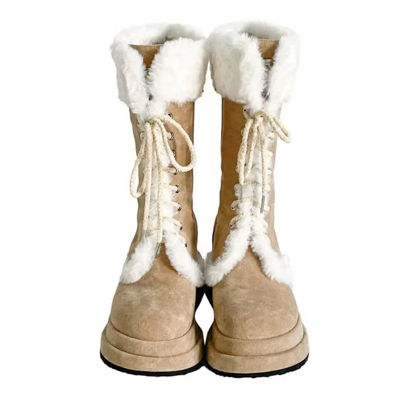 Hairy Snow Boots For Women In Winter 2024, New Thick Soled And Velvet Knight Boots, Warm Midsole Martin Strap Boots