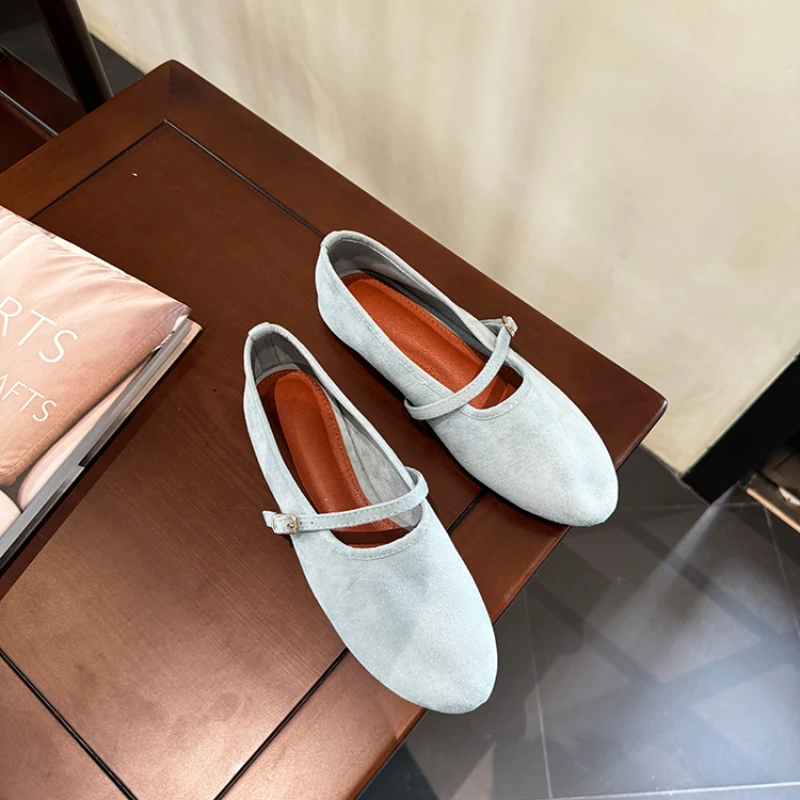 2024 Autumn/Winter One Button Flats Ballet Single Shoes for Women French Flat Mary Jane Shoes Trendy Blue  Casual Designer Shoes image 2