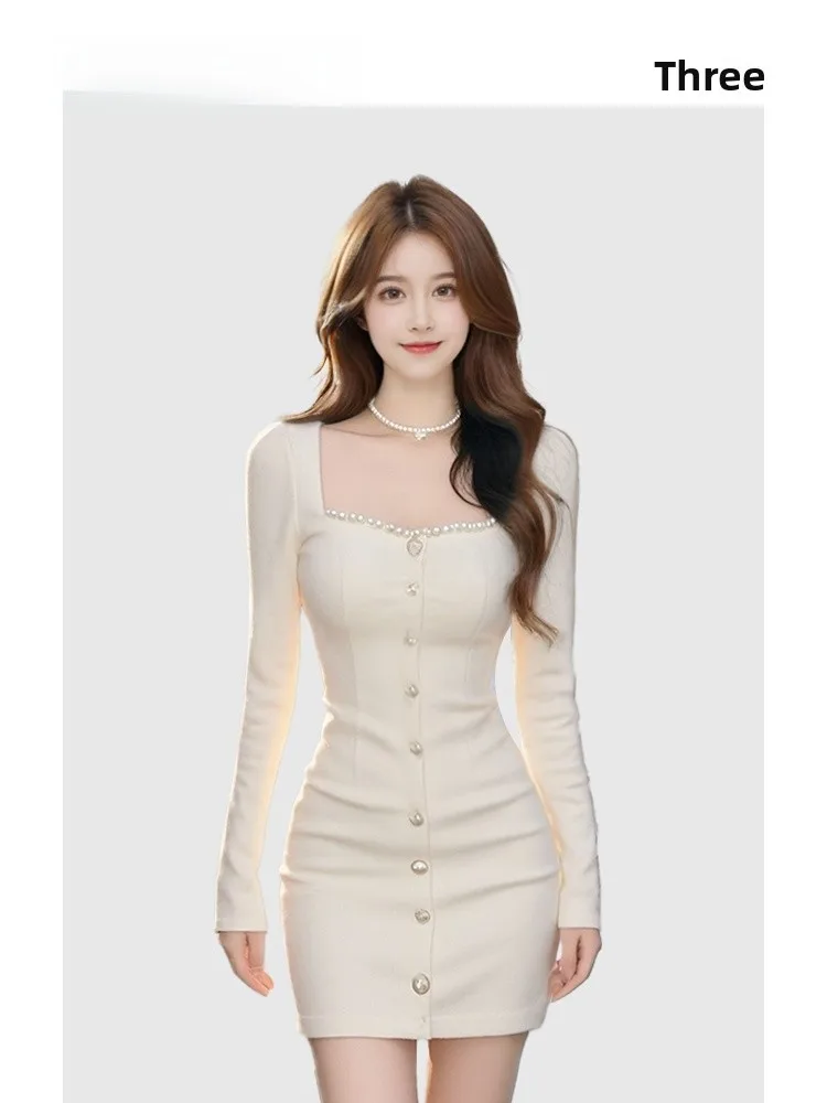 

HEZA Облегающее платье с квадратным воротником Dr Wealthy Young Lady Sle Осень Зима Высокая мода Ледимая юбка Корейская версия Slim Fit L...