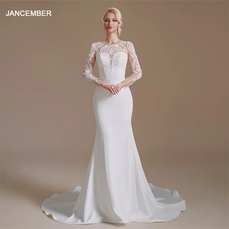 

Elegant A-line Wedding Dresses Women Customized O-Neck Open Back Full Sleeves Simple Bridal Gowns Sweep Train vestido de novia