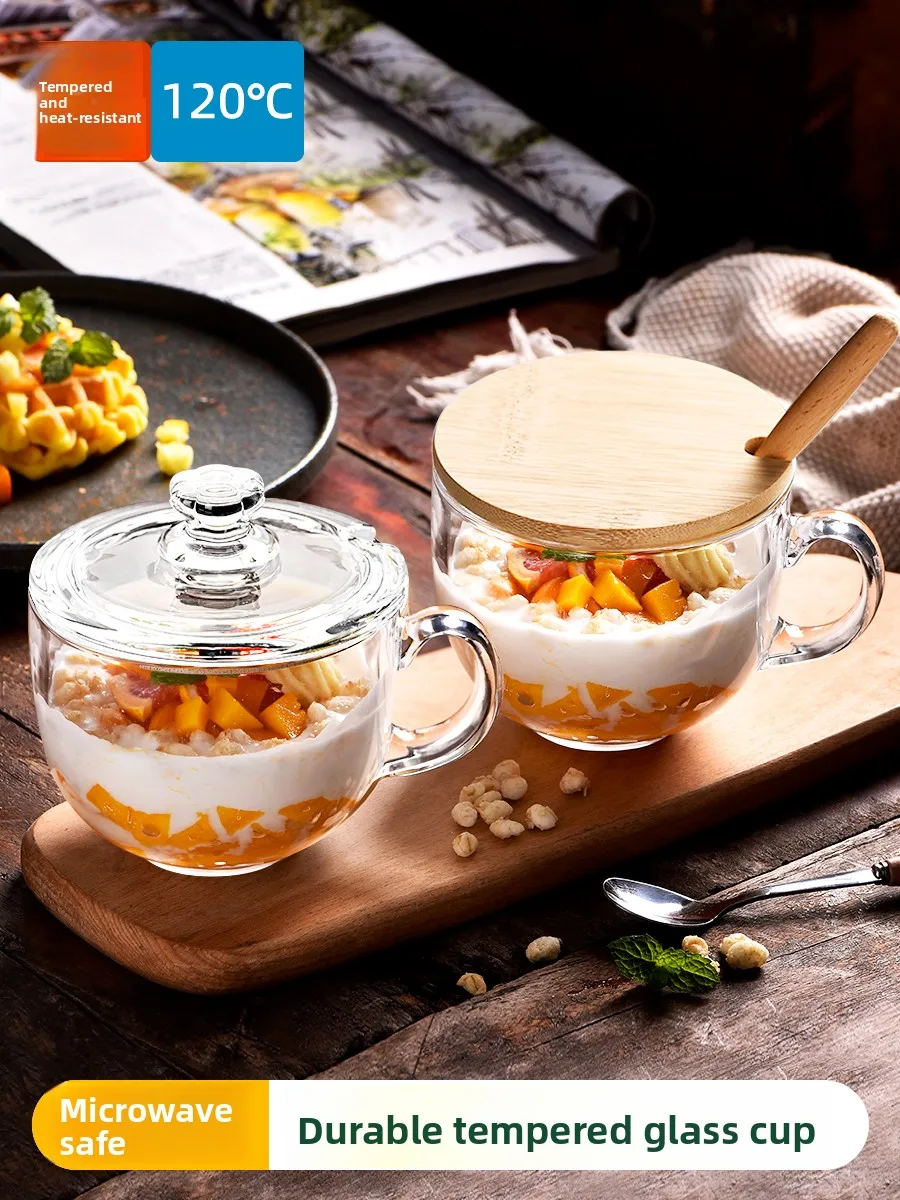 Large Capacity Breakfast Glass Cup with Lid And Spoon for Home Use Milk Oats Beverage Women Water Cup Heat Resistant round Bowl