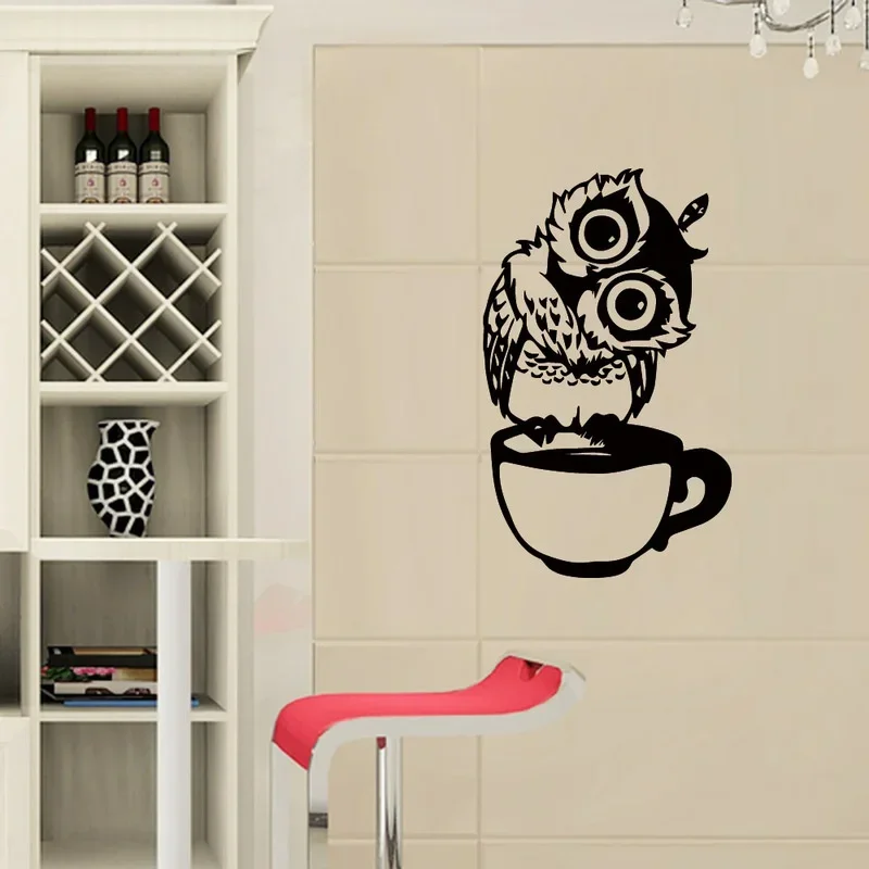 Cute Cartoon Owl on Mug Wall Stickers Coffee Decorative Decal for Kitchen Dining Room Vinyl Stickers for Coffee Bar Home Decor