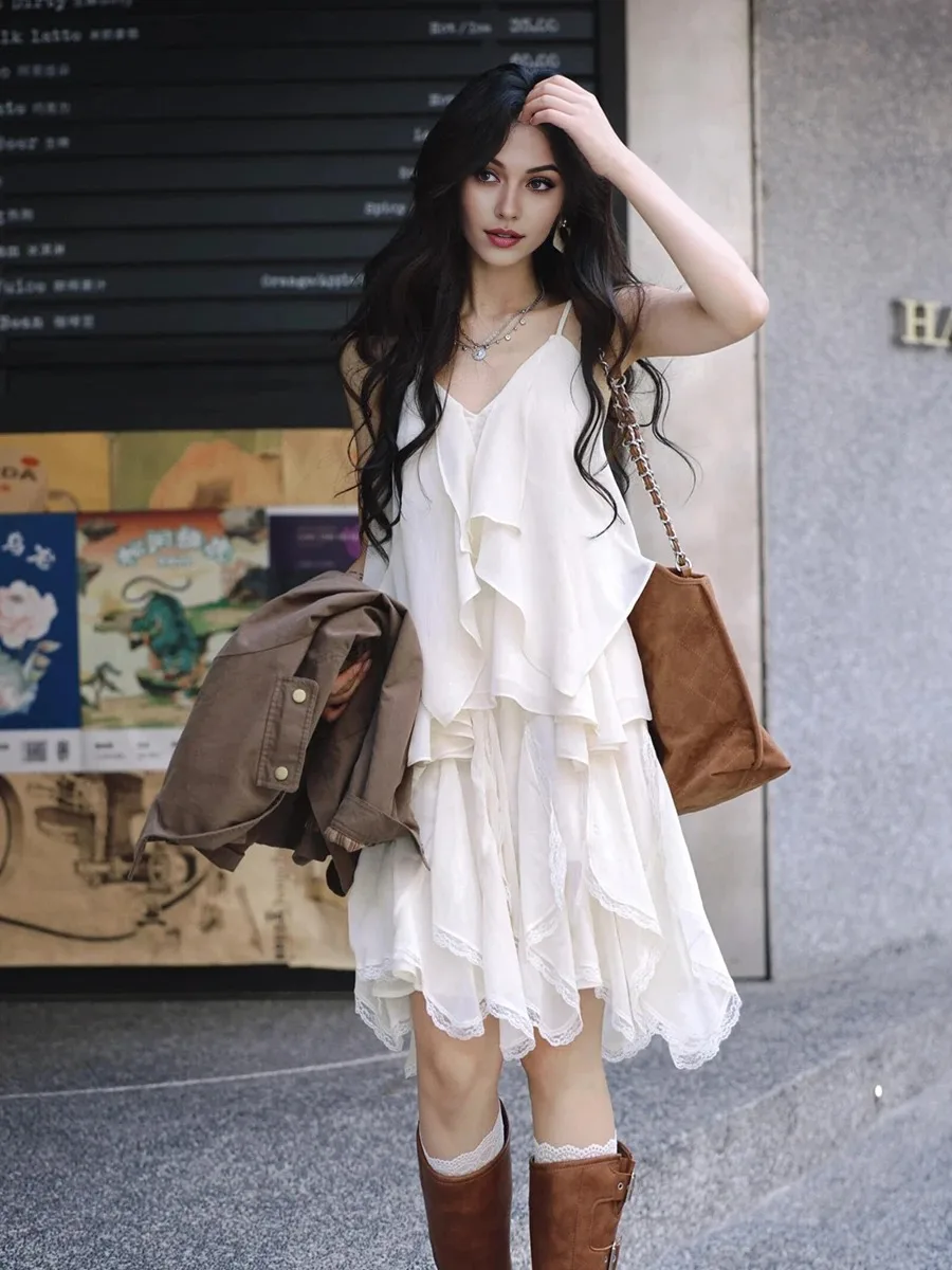 ReddaChic Fairy Women's Chiffon Top Skirt Set Summer Solid Irregular Ruffle Flowy Camisole Elastic Waist Mini Skirt Daily Wear