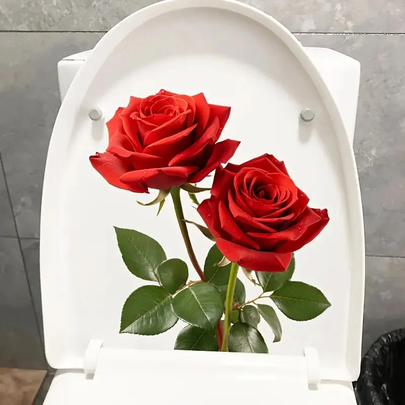 Romantic Red Rose Toilet Stickers, Bright Wall for Home, Cabinet, Door,Refrigerator  Decoration, Vinyl Car Decals, Art Wallpaper