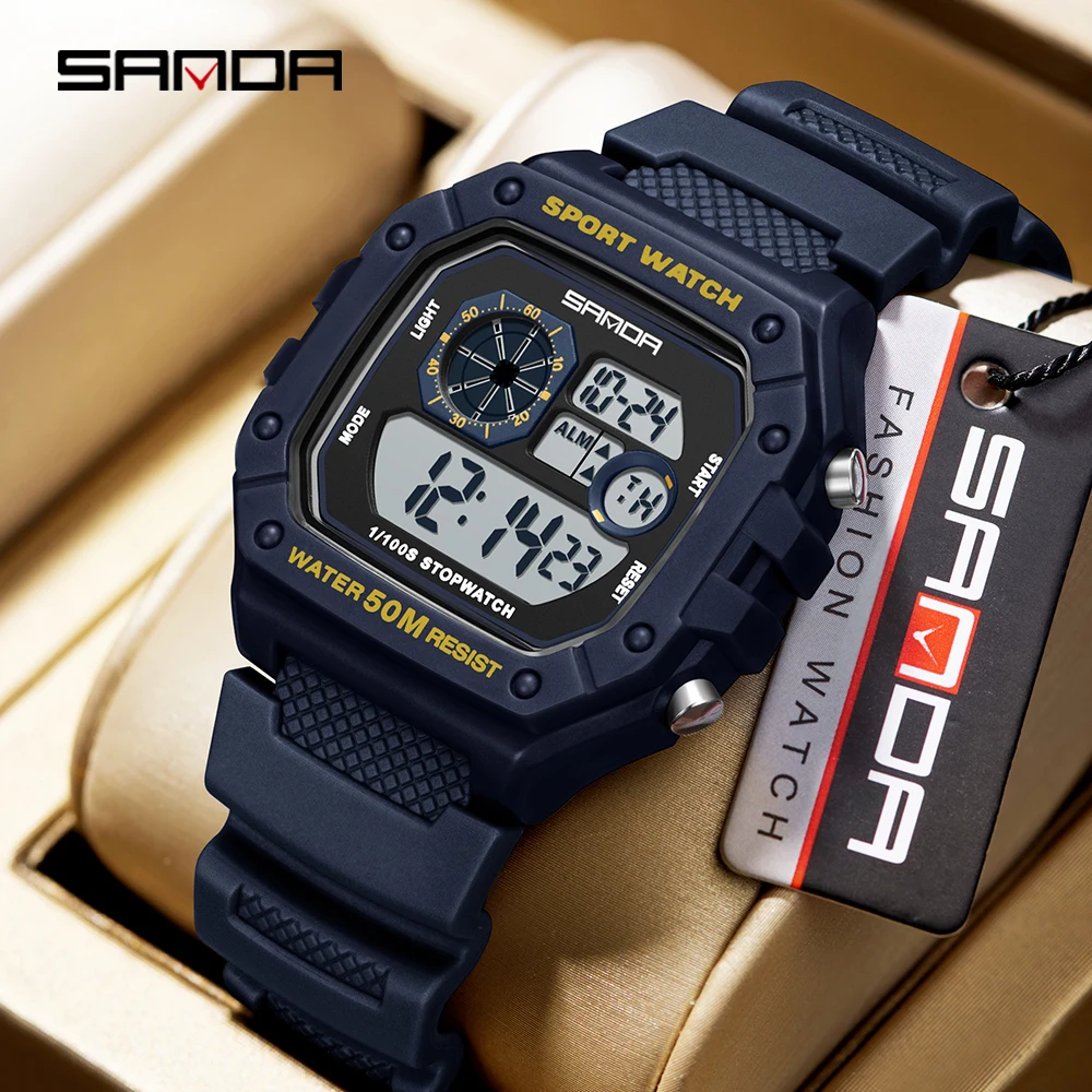 SANDA 2202 Fashionable Men's Electronic Watch Sports Multifunctional Waterproof LED Single Display Small Square Electronic Watch