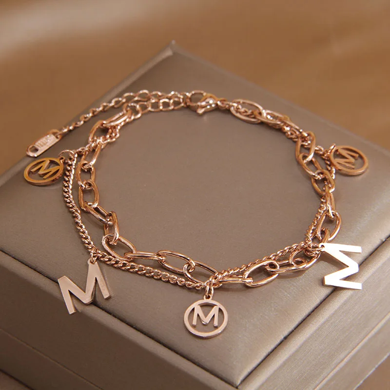 Klasyczny Design ze stali nierdzewnej dwuwarstwowa litera M bransoletka dla kobiet wysokiej jakości wielowarstwowe bransoletki bransoleta moda marka biżuteria