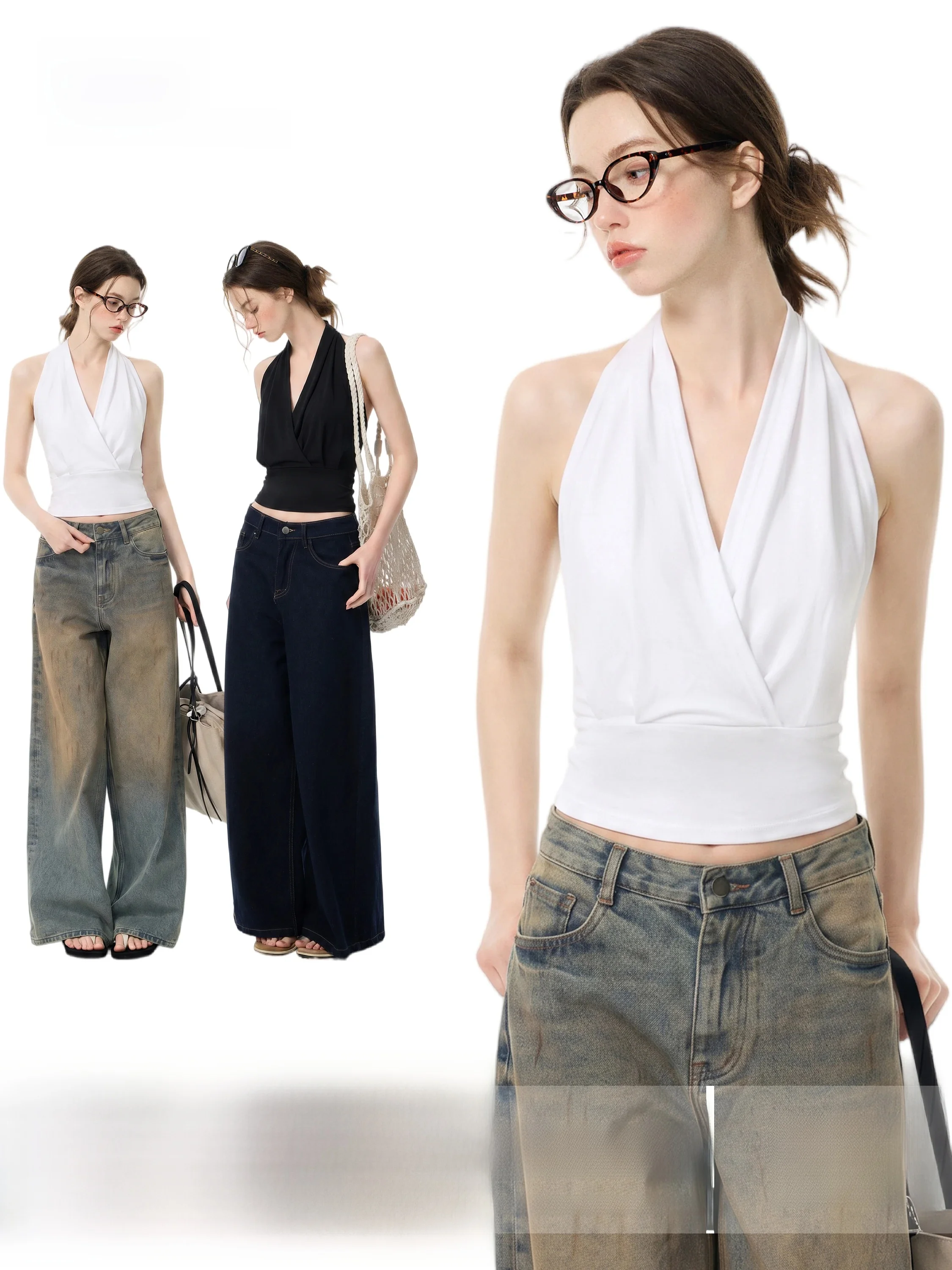 White V-Neck Strapless Crop Top Women Summer Slim Fit Waist Control Backless Design Short Sleeveless Vest Fashionable Commute...