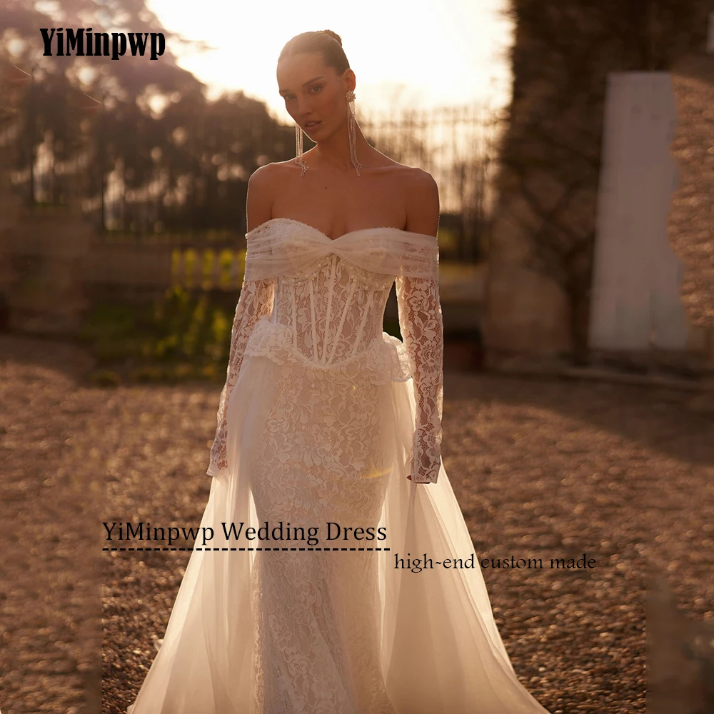Lace Wedding Dresses Mermaid Bridal Dress Luxury Long Sleeve Sweetheart Detachable Train Off Shoulder robe de mariée Customized