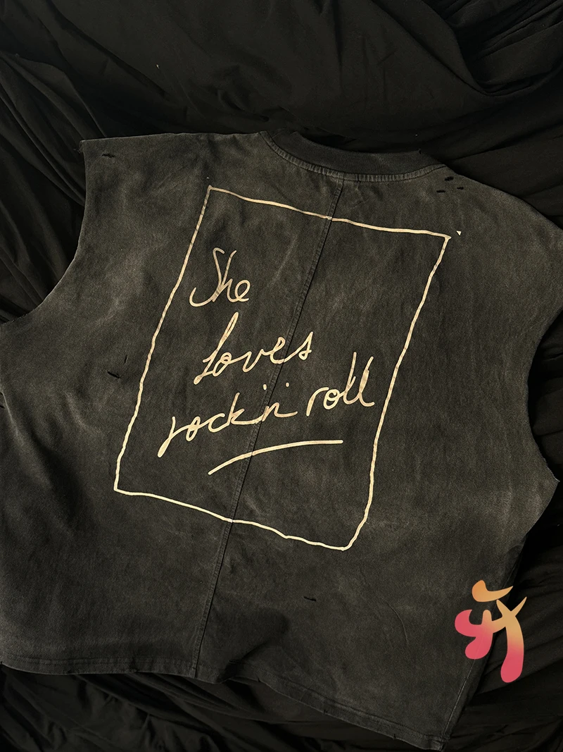 الأمريكية شارع العليا الرجعية غسلها المهترئة الأسود تانك القمم الحب روك الكتابة على الجدران طباعة الجولة الرقبة بلوزات بلا اكمام الرجال النساء سترة #3