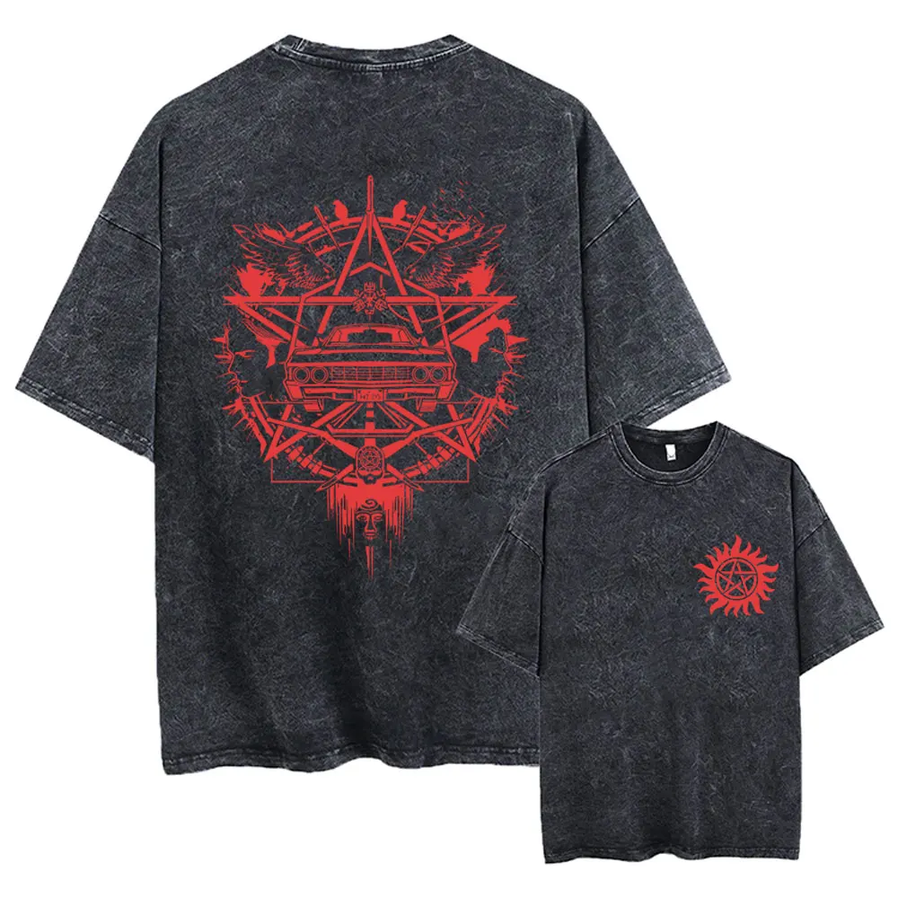 Hot Sale Supernatural Vintage Washed T-shirt Men Women Casual Retro Cotton T Shirts Unisex Casual Oversized T-shirts Streetwear