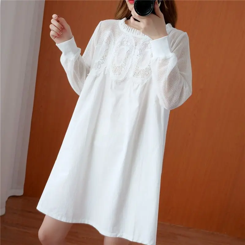 Elegant Solid Color Spliced Pockets Gauze Ruffles Lace Blouse Women\'s Clothing 2022 Autumn New Casual Pullovers Loose Chic Shirt