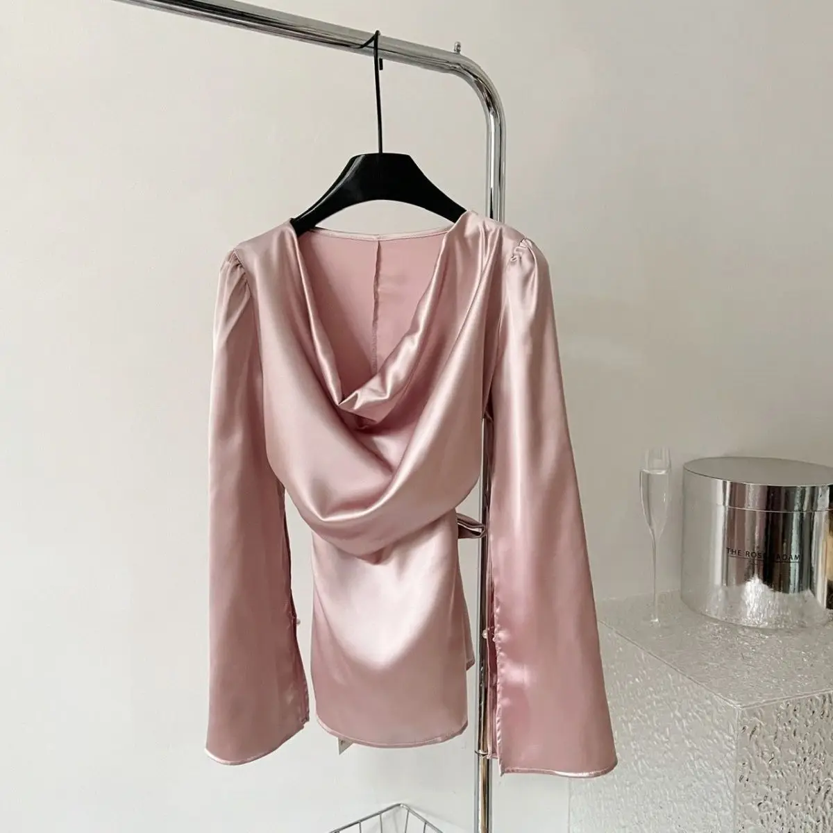 French Retro Solid Color Women'S Satin Shirt Pile Collar 2024 Fashion New Pleated Long-Sleeved Shirt Women'S Slim Fit