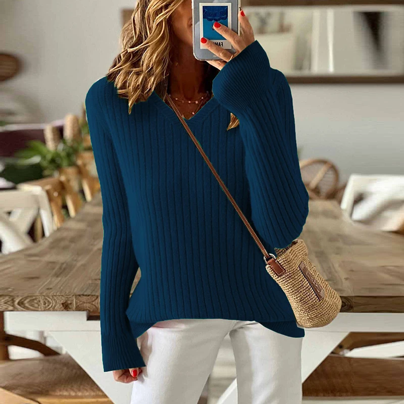 Damski sweter z długim rękawem, dzianinowy pulower z dekoltem w serek, dzianinowy sweter damski, zimowe podstawowe topy, damski sweter