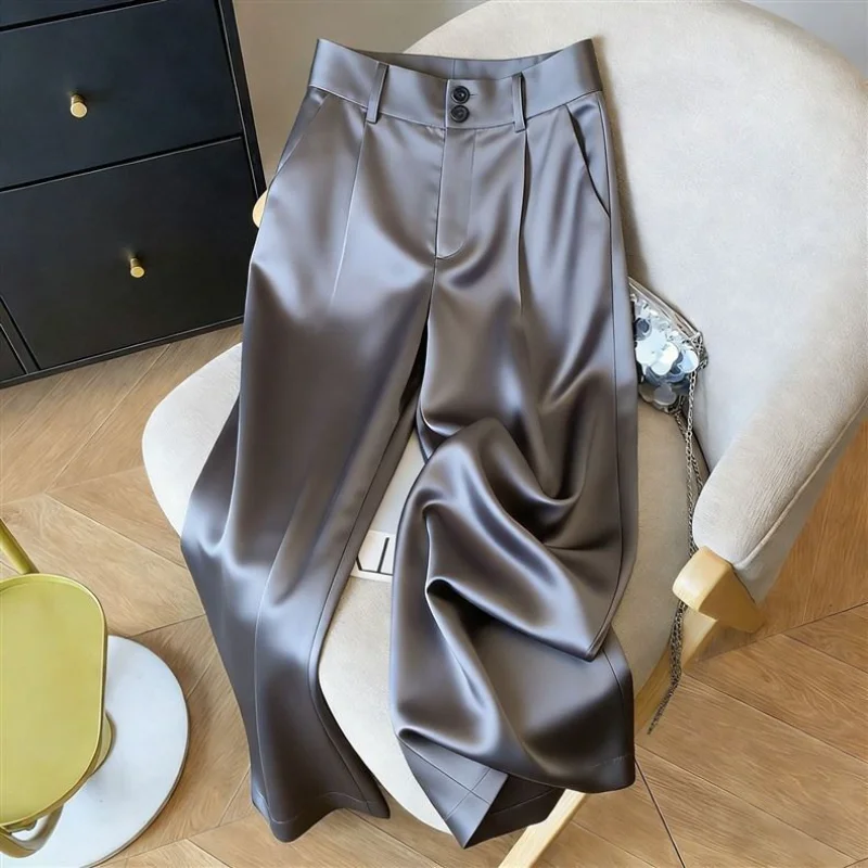 Women Solid Acetate Satin Wide Leg Pantalons Korean Lady Fashion Casual Trousers Summer Femme High Waist Straight Flared Pants