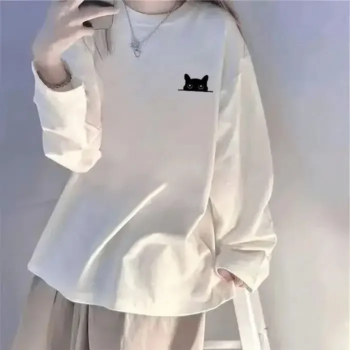 Autumn Cotton Long Sleeved T-shirt for Women Korean Version Loose Oversized Women Clothing Fashion Lining Bottom Top