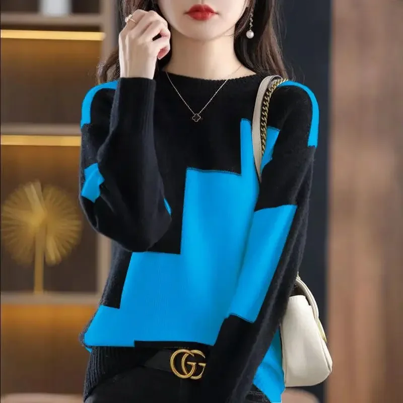 

Sweater Women's 2023 New Round Neck Color-blocked Short Warm Inside and Outside Wear Loose Pullover Knitted Base Layer Top