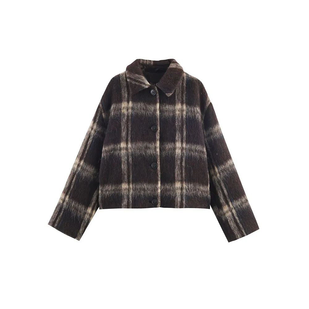 

Осенняя новая женская классическая модная повседневная удобная шерстяная клетчатая куртка с длинными рукавами и лацканами, пальто