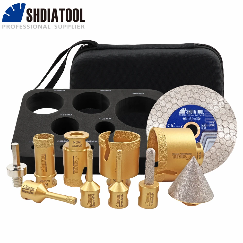 SHDIATOOL 11pcs Diamond Tool Kit 6/6/8/25/35/50/68mm Drill Bits+10mm Milling Bit+50mm Chamfer Bit+115mm Saw Blade+HEX Adapter