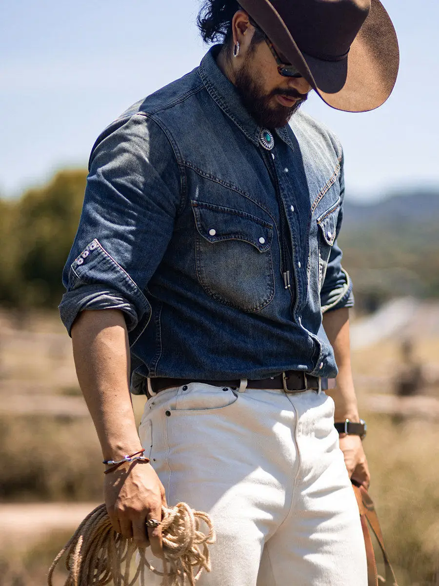 

Washed Denim Casual Loose Long Sleeve Men's Shirt Vintage American Western Cowboy Style Spring Autumn Wear by Gu Shu De Zhe