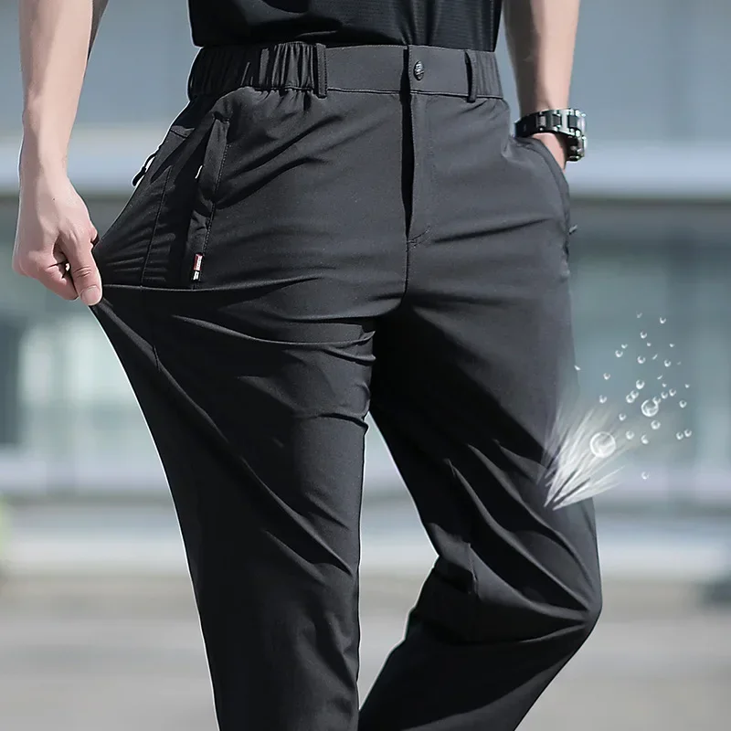 

Large Size Men's Summer Pants Big Size Stretch Breathable Straight Leg Pants 6XL Quick Dry Elastic Band Black Trousers