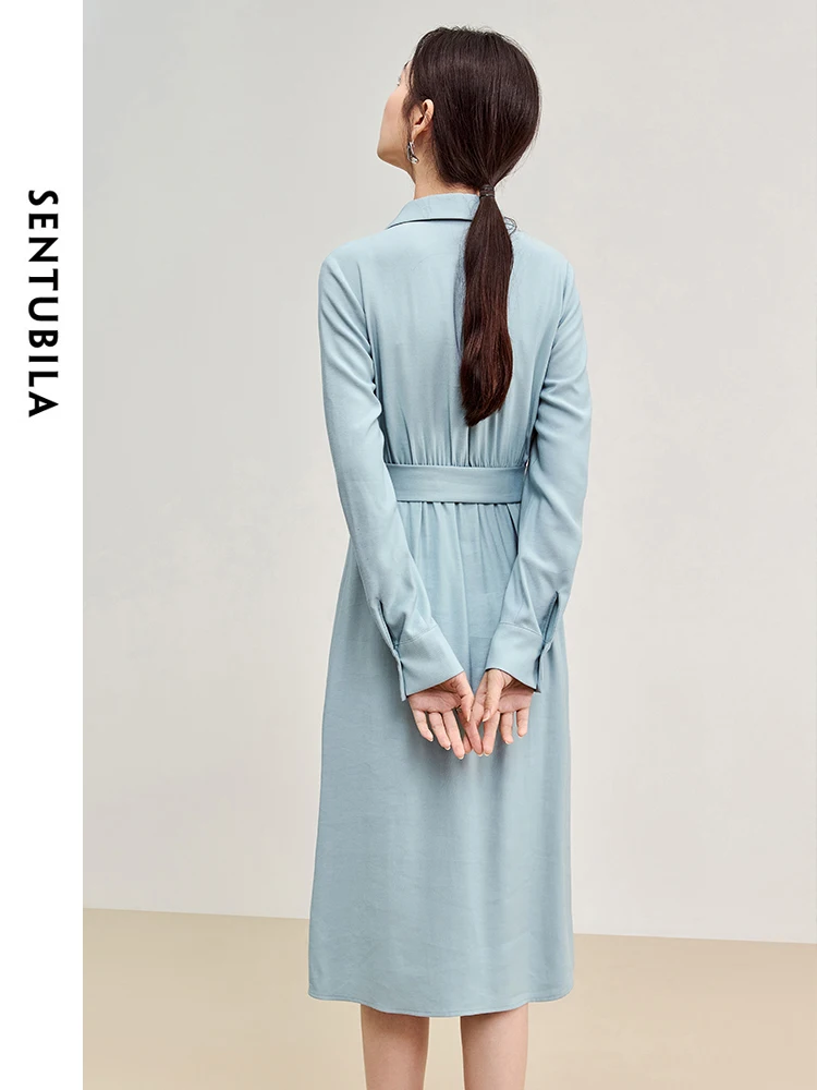 SENTUBILA Elegant Shirt Dress for Women 2024 Autumn Fall Fashion Solid Button Down Long Sleeve Tie Belt Dresses 143L56467