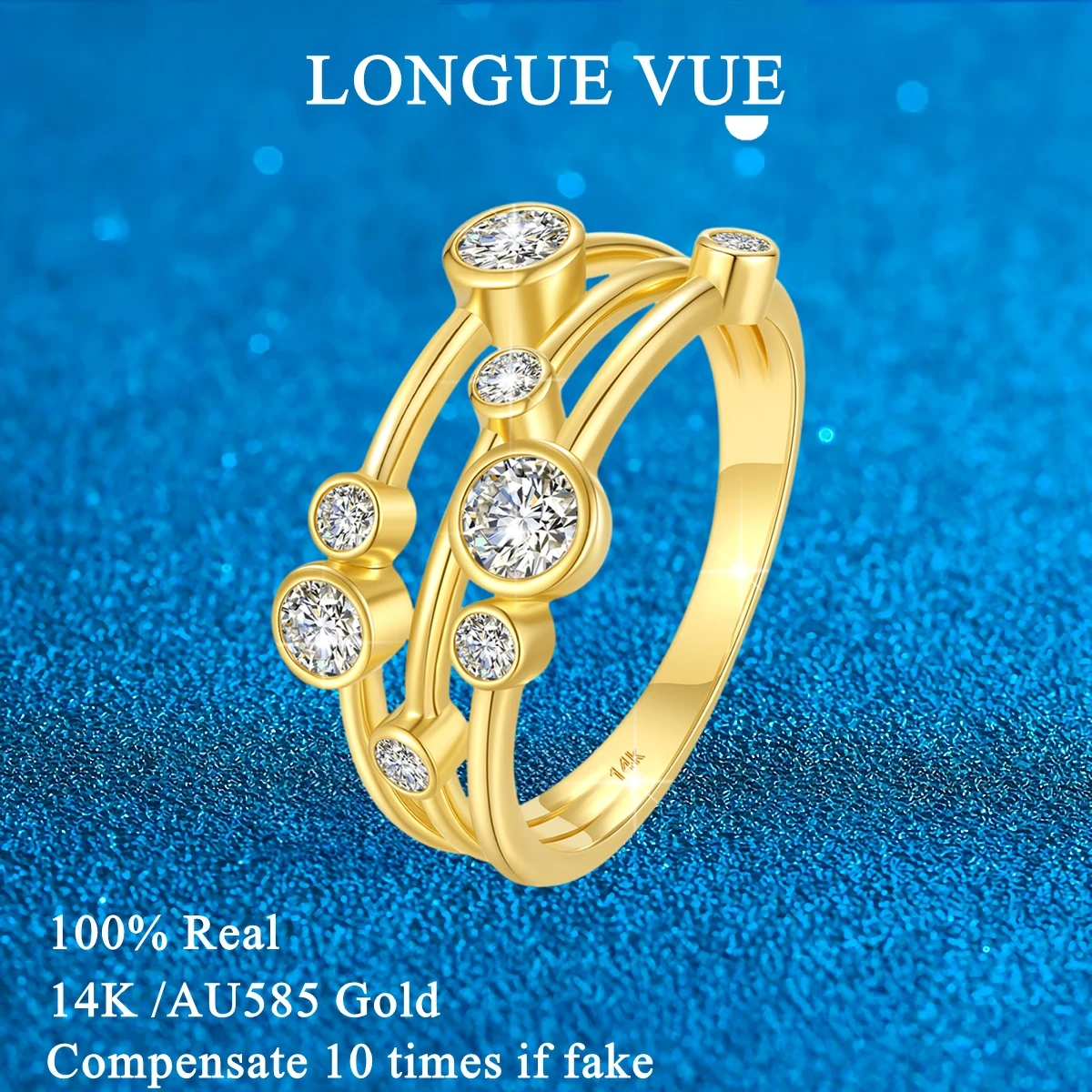 Luxury 14k Gold Moissanite Rings 3 Row Design Women Finger Ring for Dance Party Daily Office Wearable Girl Gift Trendy Jewelry